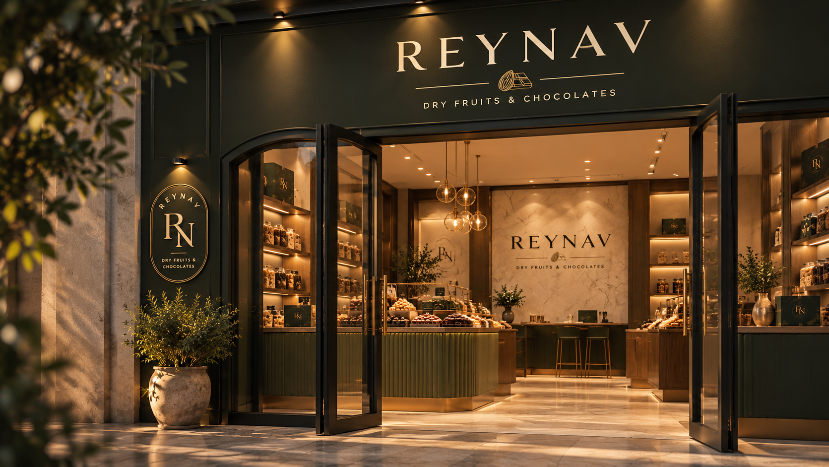 REYNAV luxury gifting boutique in Rewari, Haryana showcasing premium dry fruits and chocolate displays in an elegant golden hour setting
